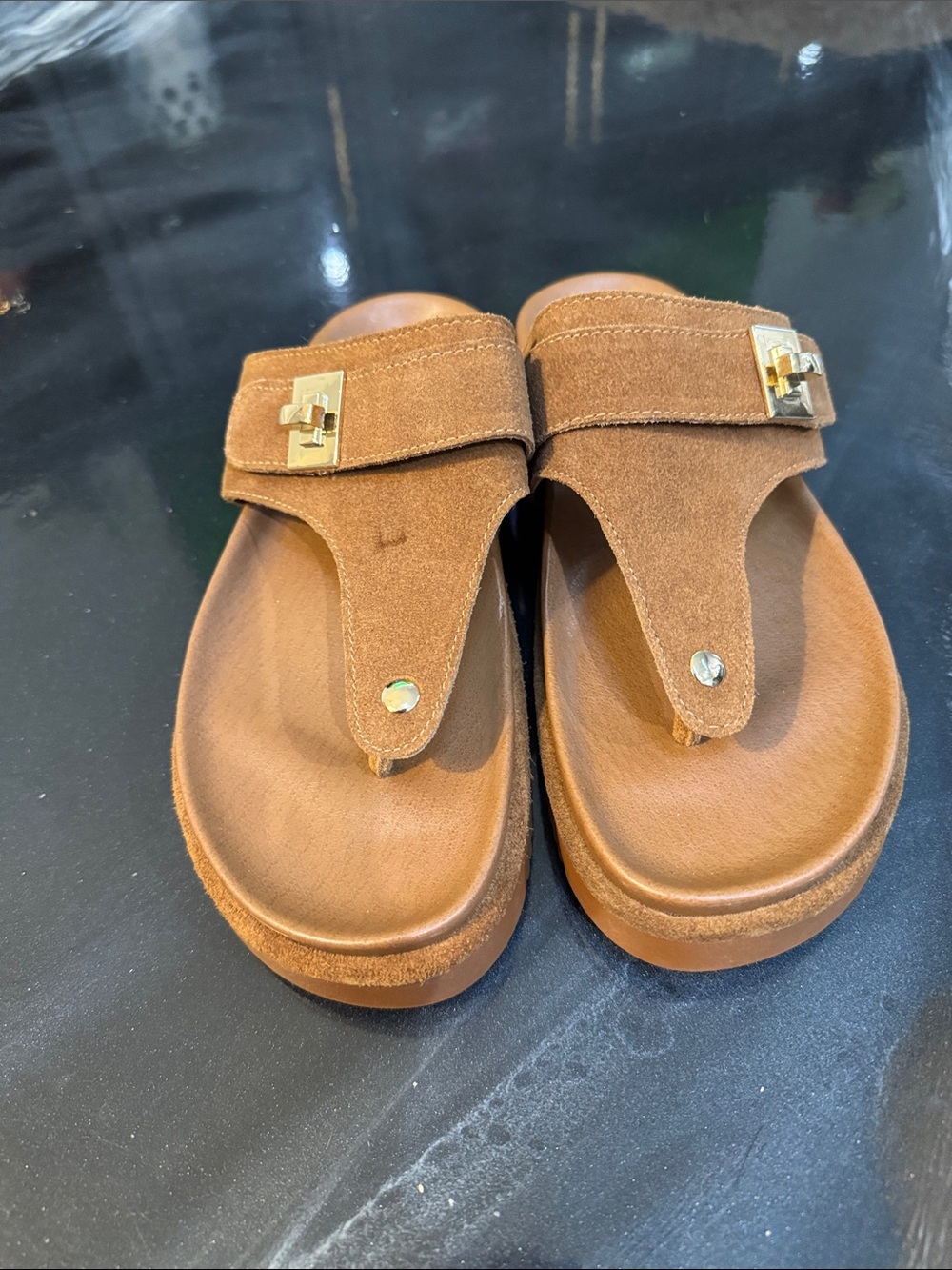 Steve Madden Brown Suede Thong Sandals with Gold Hardware